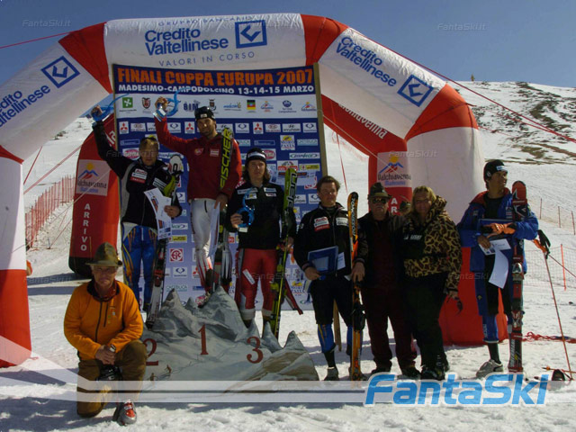 Il podio dello slalom maschile di Madesimo, primo Hoerl, secondo Brolenius, terzo Bank