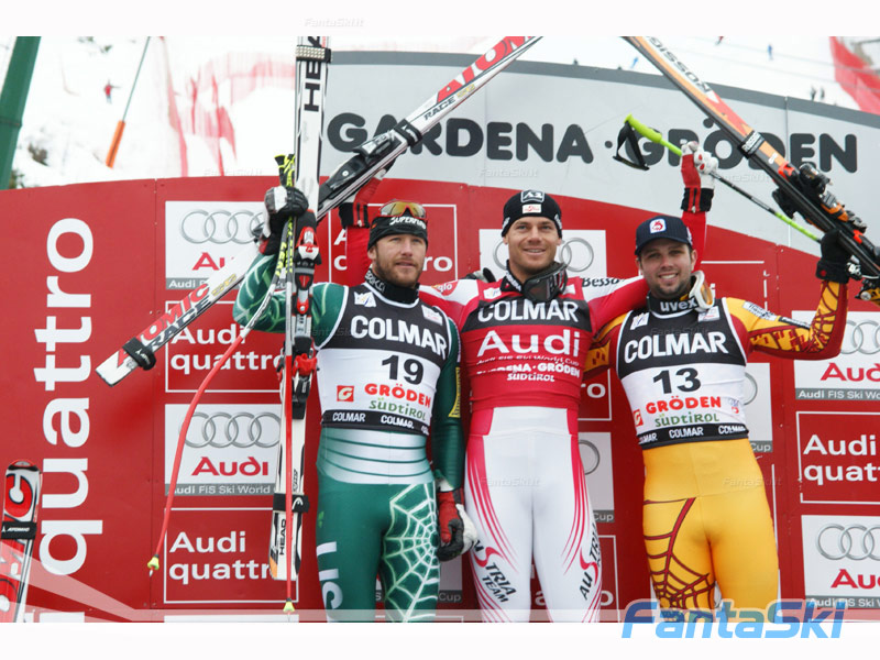 il podio della discesa: 1° Walchhofer, 2° Miller, 3° Osborne-Paradise