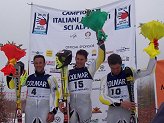 Il podio dello slalom: Deville, Bergamelli e Nana