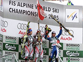 Il podio dello slalom: Raich, Schoenfelder e Rocca