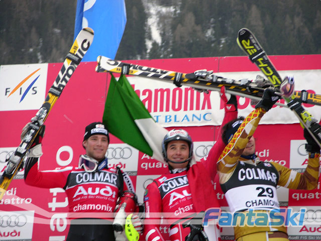 il podio dello slalom speciale: Raich, Rocca, Larsson