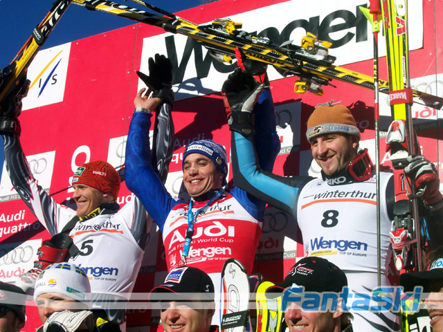 Lo splendido podio di Wengen: da sx Palander, Rocca, Vogl