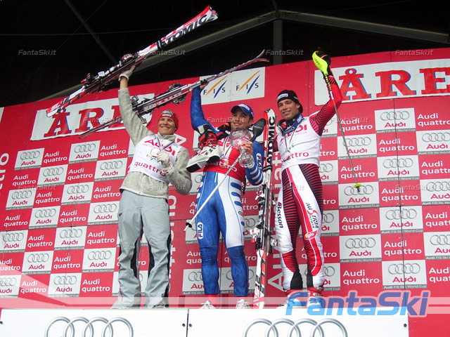 Il podio della Coppa del Mondo di slalom: Rocca tra Palander e Raich 