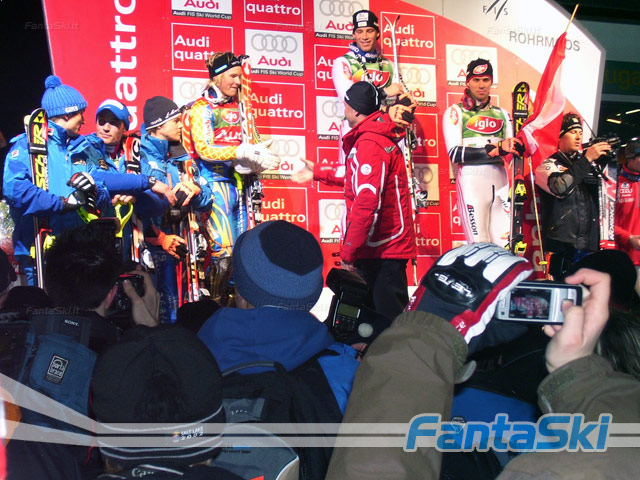 Top 6: da sin. Moelgg, Rocca, Berthod, e il podio con il vincitore Raich, Byggmark e Berthod