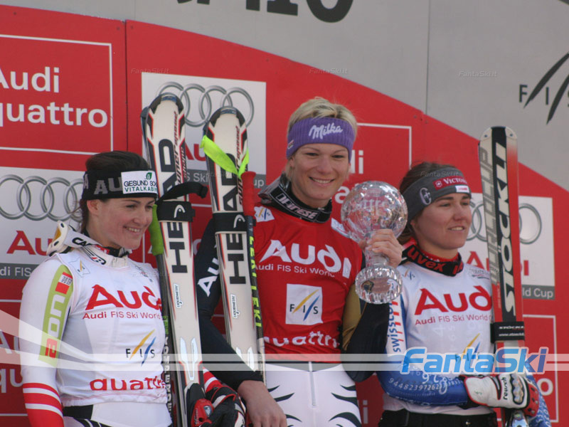 il podio finale del superg femminile: Maria Riesch, Lizi Goergl e Fabienne Suter