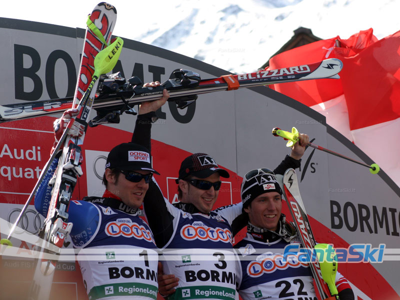 il podio dell'ultimo slalom: Albrecht, Herbst, Hirscher